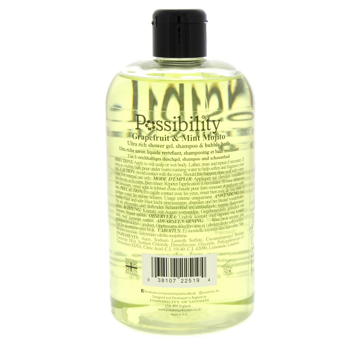 Possibility Grapefruit And Mind Mojito Ultra Rich Shower Gel, Shampoo And Bubble Bath 525ml 